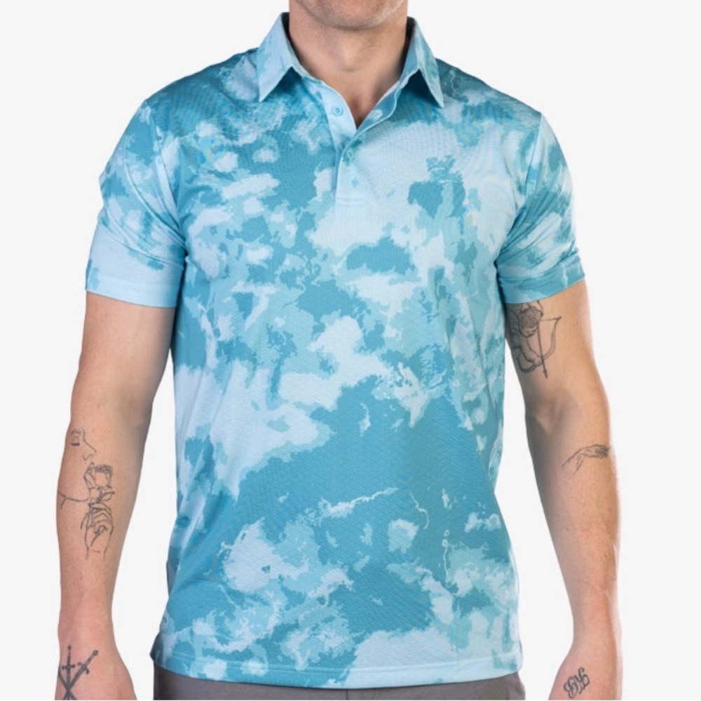 GOLF GODS TIE DYE BLUE COOL TECH PERFORMANCE GOLF POLO - L